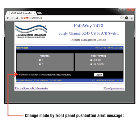 How the GUI is alerted to changes in unit status of Model 7470 RJ45 A/B Switch